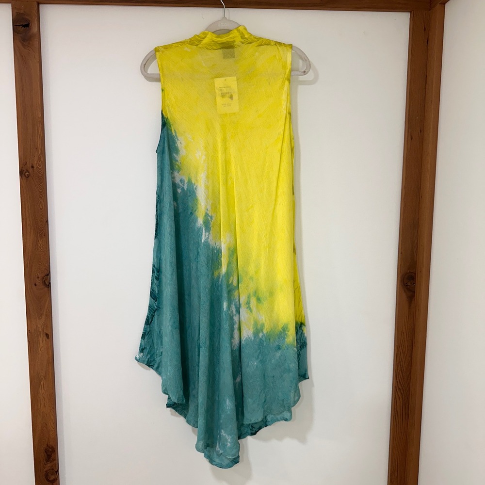 Seven Islands Tie Dye Embroidered Sharkbite Dress Womens L Yellow Teal | Boho - Picture 3 of 8